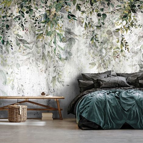 Fototapete Blätter Grün Natur Beton, für Wohnzimmer und Schlafzimmer, 150 x 105 cm – Komplettset inkl. Kleister & Anleitung (1/4)