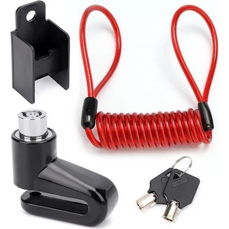 Antivol pour vélos/ trottinette électrique/motos, antivol de frein à disque multifonctionnel avec câble métallique, noir et rouge (1/4)