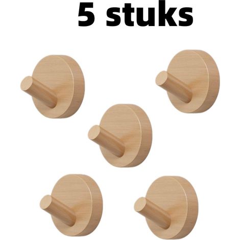 Lot de 5 crochets ronds en bois - Patères - Crochets de porte/couloir (sans perçage) - Crochets adhésifs pour couloir/salle de bain - 5,5 cm x 5,5 cm - Couleur bois (1/5)