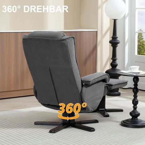 Fauteuil relax avec pouf, 360° rotatif, dossier inclinable, fonction inclinaison et balancement, revêtement velours aspect, appui-tête, gris foncé pour salon. (1/5)