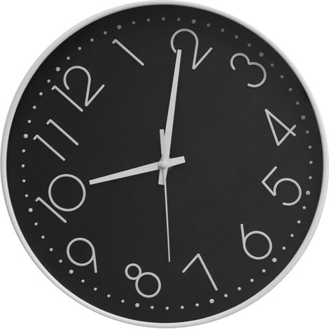 Horloge murale silencieuse de 20 cm (8 pouces), sans tic-tac, décorative et facile à lire, ronde, pour le salon, cadre blanc, fond noir, inscription blanche. (1/5)