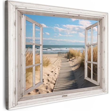 TABLEAU SUR TOILE Fenêtre - Mer - Côte - Nature - vue - Plage - Mer des Wadden Tableau Décoration Murale Salon Tableaux muraux 80x60 cm