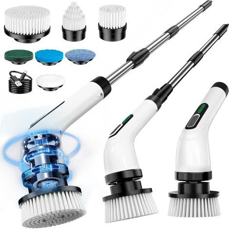 Spazzola elettrica rotante per la pulizia – 7 accessori intercambiabili, manico regolabile, impermeabile (IPX7) – 2 velocità, ricaricabile tramite USB per bagno, casa e cucina (1/5)