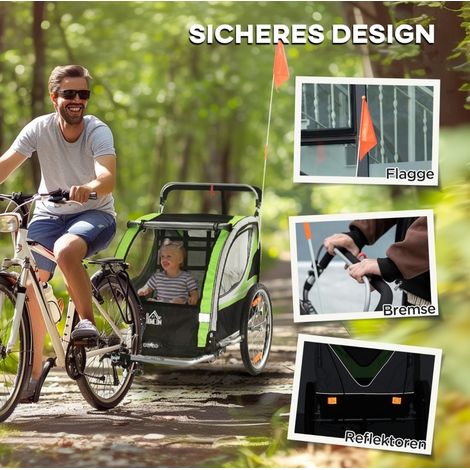 Remorque vélo enfant 2-en-1 142x75x101 cm en polyester vert, modulable pour 2 enfants, FLORAGRACE (1/5)