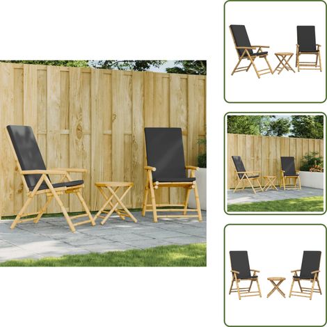 The Living Store Ensemble de bistro pliante 3 pcs et coussins gris foncé bambou - Meubles De Jardin - Salon De Jardin - Mobilier Extérieur - Set De Bistro - Chaises Inclinables (1/5)