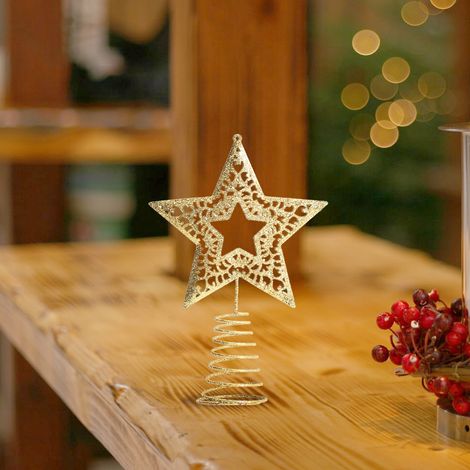 Christmas Tree Star Topper Golden Glitter Home Party Decor, Hollow (1/5)