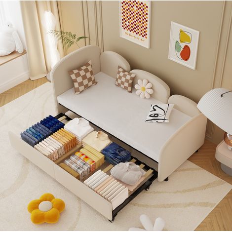 lit chambre couchage fleur rangement 90x200 beige HAVRYA (1/5)