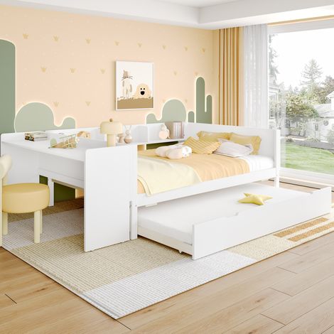 Letto matrimoniale moderno 140x200 cm in pino e pannelli di legno, bianco, con scrivania, letto estraibile e scaffali (1/5)