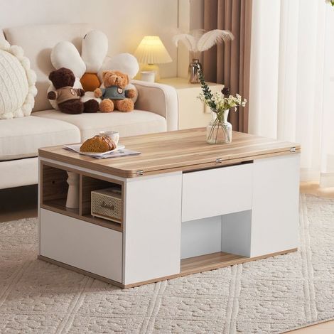 Table basse 100x50x50, bicolore table basse salon, plateau relevable, double plateau, rangement intégré (1/5)