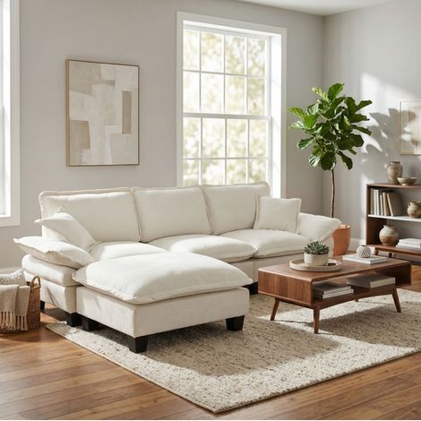 Modulares Ecksofa mit 1 mobilem Ottoman, 2 Kissen, Segeldesign, in Chenille beige (1/5)
