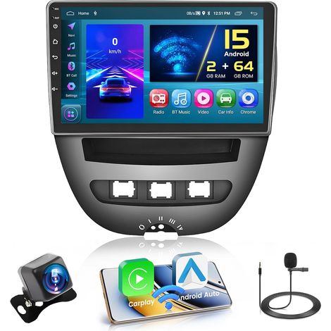 2GB+64GB Android 15 Autoradio pour Aygo/107/ C1 2005-2014 sans Fil CarPlay Android Auto 10.1" écran Bluetooth Auto Radio, EQ FM/RDS, Navi GPS, Caméra de Recul WiFi SWC (1/5)