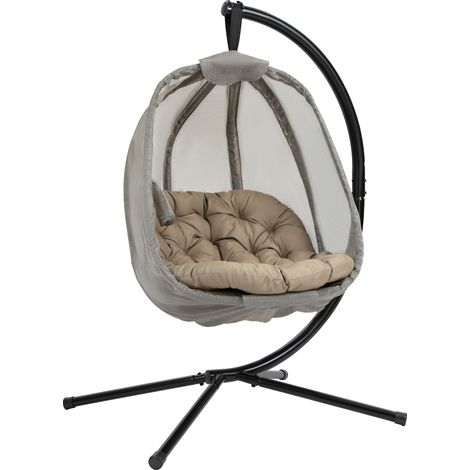 Hanging Egg Chair, Folding Texteline Swing Hammock with Side Pocket, Cushion and Stand for Indoor Outdoor, Patio Garden Furniture, Khaki (1/5)