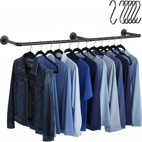 Barra para colgar ropa Relaxdays montaje en pared, 183 cm, diseño industrial, 6 ganchos en S, dormitorio, pasillo, negro