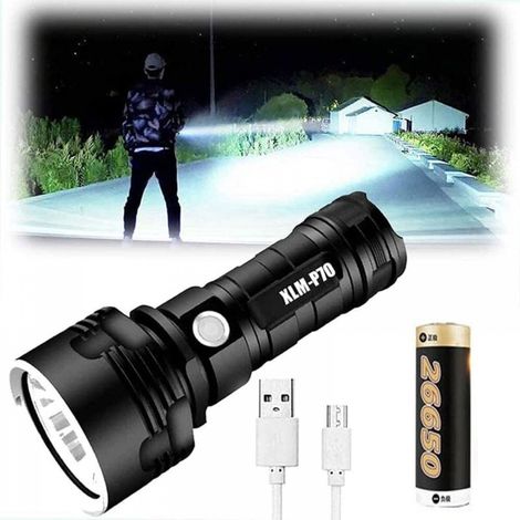 XLM-P70 Lampe de poche LED lumens élevés, lampe de poche étanche haute puissance 30000-100000 lumens, USB Rechargeable, 3 modes d'éclairage - la randonnée et les urgences(50W XLM-P70, Batterie unique) (1/5)