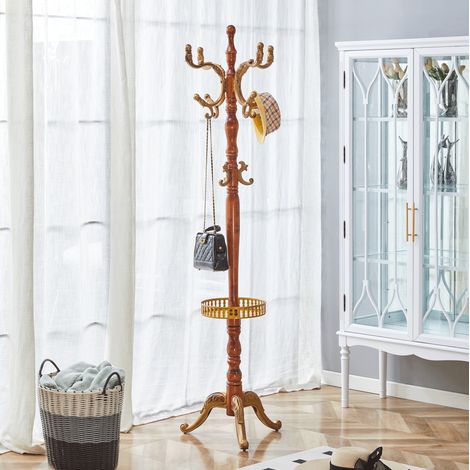 Porte-manteau sur pied en bois massif et metal coloris bois, diametre 31 cm, largeur de base 48 cm, hauteur 195 cm (1/5)