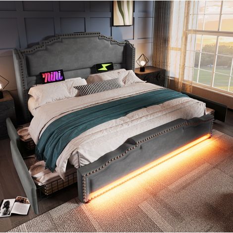Letto matrimoniale 180x200 con 4 cassetti, LED RGB, porte USB e Type-C, rete a doghe, struttura salvaspazio in velluto grigio, senza materasso - CHICFURN (1/5)