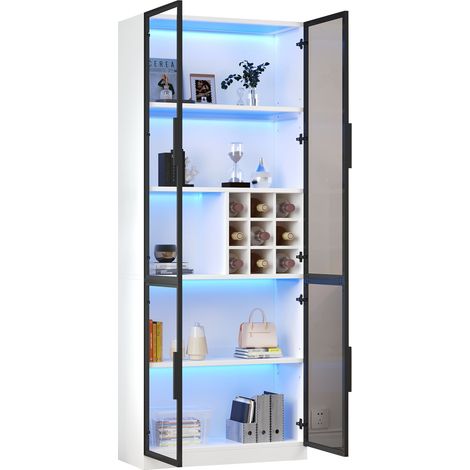 Vitrine Bücherregal mit 2 Glastüren, 5 Ebenen, Weinfach und LED für Wohnzimmer oder Küche, aus Spanplatte, Weiß, 80×35×200 cm (1/5)
