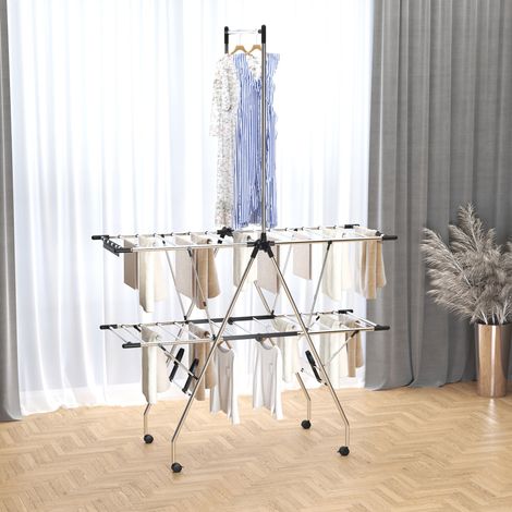 Séchoir à linge étendoir pliable avec roulettes grand espace d'étendage acier inoxydable 138,5 x 63 x 208 centimètres argent noir (1/4)