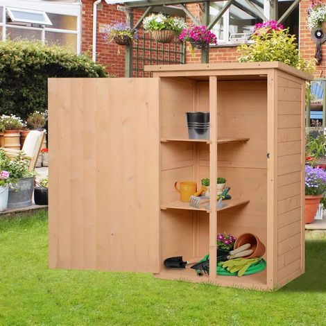 Caseta de jardín de madera con 2 estantes y techo de asfalto, 75x56x115 cm, diseño compacto, puerta frontal grande. (1/5)