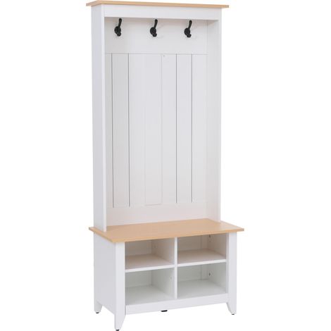 [NEUWERTIG] Garderobe HHG-680, Standgarderobe Schuhregal Sitzbank, 3 Haken 4 Staufächer Melamin 170x76x39cm weiß, natur