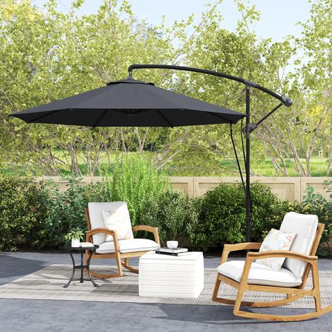 Ø3 m Sonnenschirm mit seitlich versetztem Gestell, windfesten Seilen, Belüftungsöffnungen, Kreuzfuß und Kurbelgriff, neigbar und drehbar, aus Metall und Polyester (180 g/m²), UV-Schutz 50+, Dunkelgrau