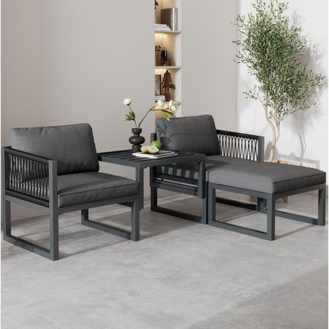4-teiliges Outdoor-Möbelset aus Metall, Stoff und PE-Rattan in Grau, 2 Sessel, 2 Hocker, verstellbar (1/5)