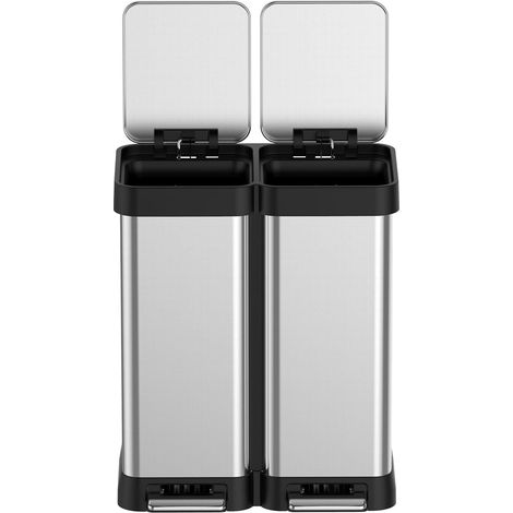 Poubelle de cuisine, Poubelle à Double Compartiment 2 x 20 L,Pédales en Métal, 2 Seaux Intérieurs en Plastique, Argent et Noir (1/5)