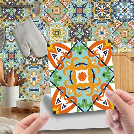 Carrelage Adhésif 10x10cm Vert Orange Credence Adhesive pour Cuisine Brique,24 Pcs Stickers Muraux Salle de Bains Cuisine Carrelage Adhesif Mural avec Motifs de Carrelage Dalle Pvc Adhesive Murale (1/5)