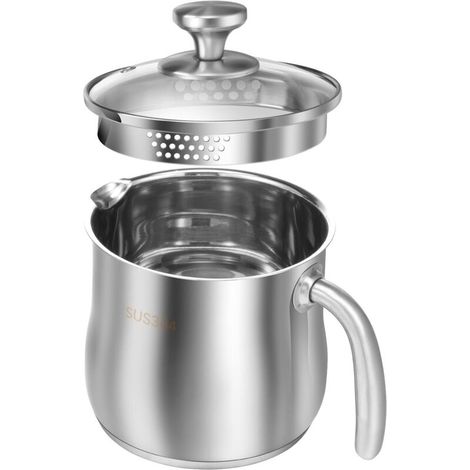Edelstahltopf mit Glasdeckel, 2 Liter Milchtopf,Deckel mit Dampfloch, Kochtopf Induktion mit Griff und Ausgießer Universaltopf für alle Herdarten (1/5)