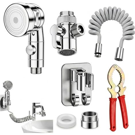 Pommeau de douche pour lavabo - Flexible de douche de 1,5 m - 3 modes - Avec arrêt d'eau - Douchette de lavabo avec support et vanne de commutation - Argenté (1/5)