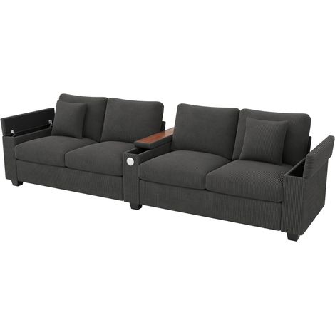 Modernes 4-Sitzer Cord Sofa, Wohnzimmer Sofa mit USB/USB-C Ladefunktion, klappbarer Mittelarmlehne, verstecktem Stauraum, bequemes Sofa für Büro und Zuhause, Gray. (1/5)