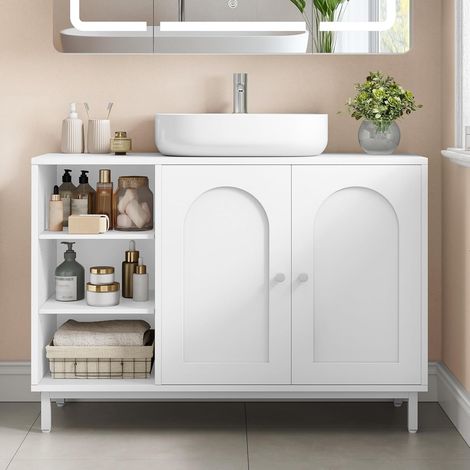 Meuble sous Lavabo, Meuble de Rangement pour Salle de Bain, pour Évier avec Étagère Ouverte et 2 Portes, Étagère Réglable, pour Lavabos sur Colonne, avec Pieds, Blanc