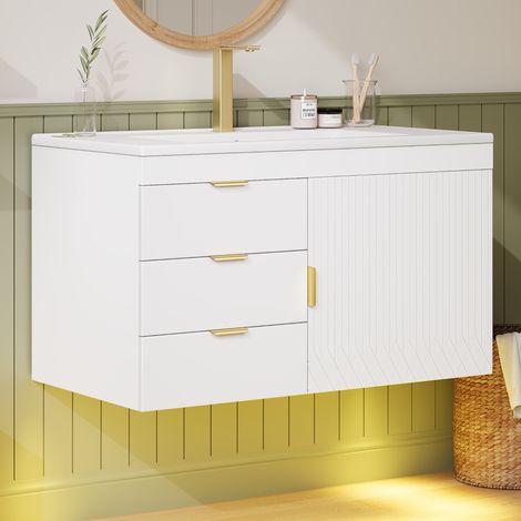 Mueble de baño suspendido de 76 cm con lavabo cerámico, LED App, blanco, MDF, OKWISH (1/5)