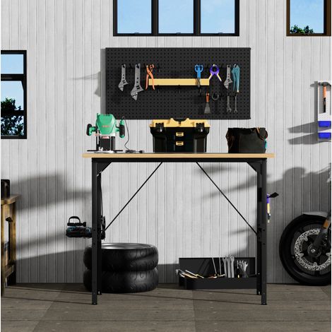 Banco da lavoro in legno ingegnerizzato e ferro 120 x 60 cm nero/naturale, regolabile in altezza con ruote (1/5)