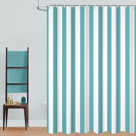 Rideau de Douche, 165x180cm, Téal léger et Blanc Minimalisme Moderne Rayures Verticales Tissu Pmperméable Machine Lavable Rideau de Salle de Bain avec Crochets (1/5)