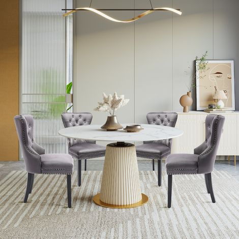 Puluomis – Chaise de salle à manger lot de 4 en velours – Dossier haut capitonné – Pieds en bois massif chêne – Assise rembourrée mousse – Gris
