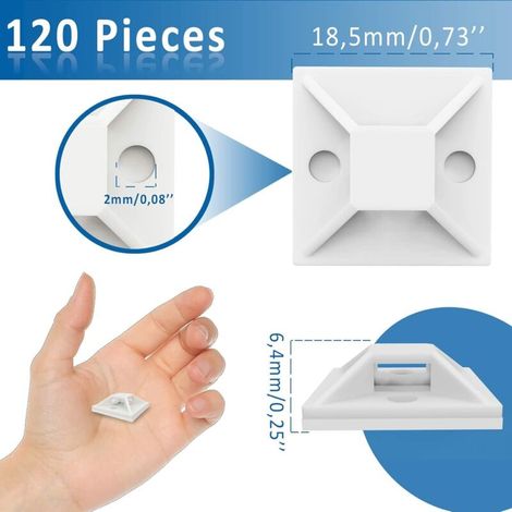Embases Adhesive pour Attache de Cable 120 Pièces (18,5 mm x 18,5 mm) Serre Cable Adhesif Serre-Câbles Auto Adhésif Support de Serre Câble Plastique Embase pour Collier de Serrage Blanc (1/4)