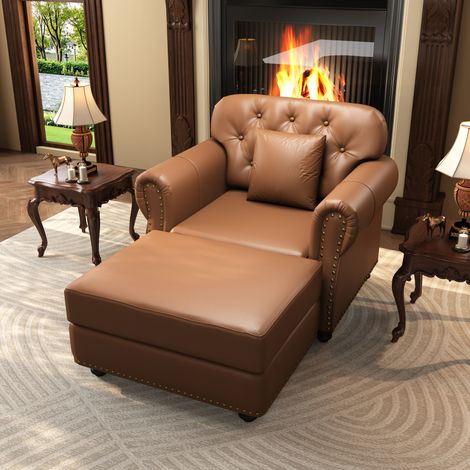 Pour Amateurs de Confort Entretien Facile Fauteuil Chesterfield avec Pouf Repose-Pieds Similicuir Marron 105 cm (1/5)