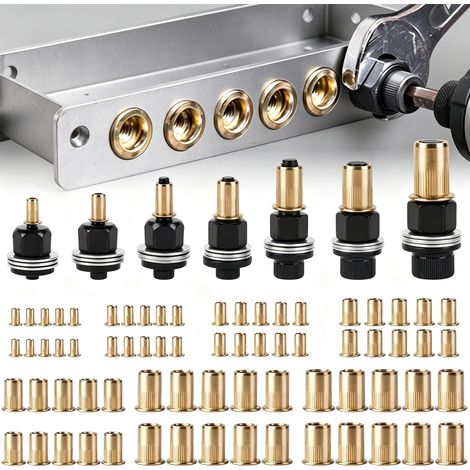 Kit Pince à Écrou à Sertir M3 à M12, Outil Rivnut avec 7 Adaptateurs et 70 Écrous à Sertir, Pince Écrou Rivet Compatible Perceuse Visseuse pour Métal, Tôle, Réparation et Bricolage (1/5)