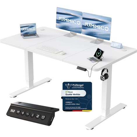 Bureau Assis Debout 140×60 cm, Rappel Posture, 2 Mémoires, Blanc (1/5)