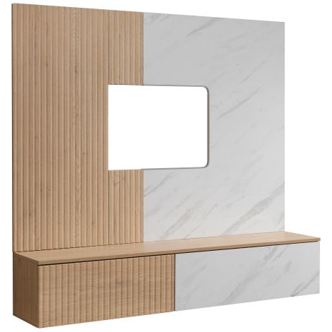 Ensemble meuble TV mural Noir I - Bois MDF chêne Cremona et effet marbre blanc - 160 x 148 x 35 cm - Livraison gratuite (1/5)