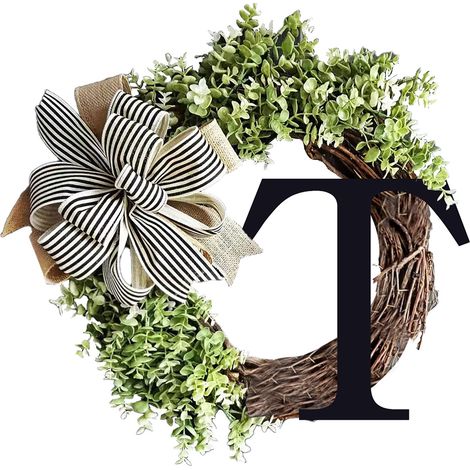Couronne de porte décorative avec lettre T en bois et ruban - Verte (36cm) - Composition Bois/Plastique (1/5)