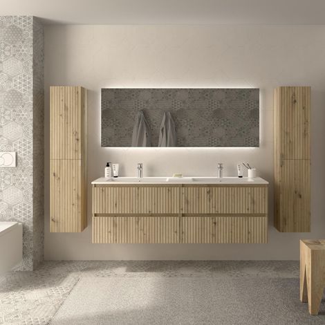 Mueble de Baño KIRA 160cm Roble 4 cajones Lavabo Vilna 2 pozas Solid Surface (1/5)