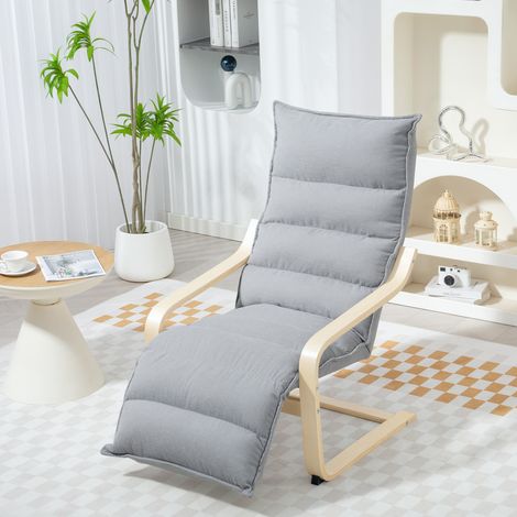 Lounge-Sessel aus Birkenholz, Polstersessel mit verstellbarer Fußstütze, Moderner Armlehnstuhl, Hellgrau