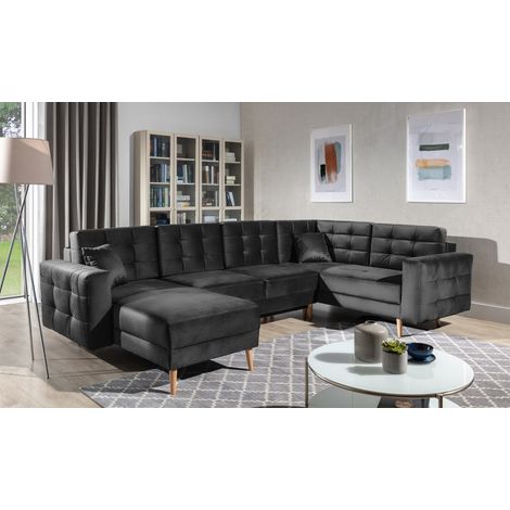 Canapé d'angle panoramique convertible U HASGARD 326 cm gris foncé velours avec coffre
