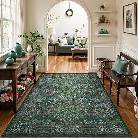 Tapis Lahome vert foncé à motifs floraux (140 x 200 cm), doux, lavable, style bohème, antidérapant, à poils courts, idéal pour le salon, la chambre ou une maison de campagne. (1/5)