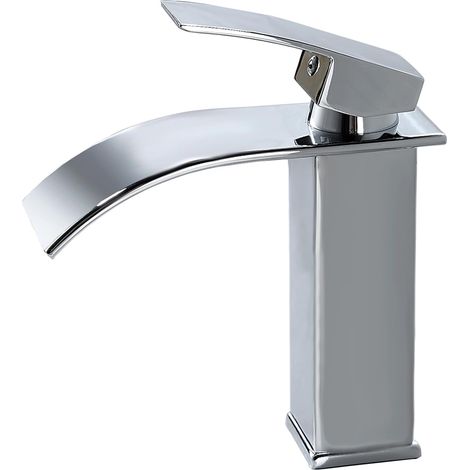 Moderne Robinet Salle de Bain Cascade, Design Elégant Robinet Lavabo Cascade, Mitigeur en Laiton, Eau Chaude et Froide Disponible, Bec Hauteur 115mm, Robinetterie Chromé G 3/8 (1/5)