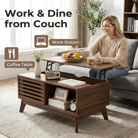 Table basse relevable style rétro, 90x55 cm, plateau réglable en hauteur, avec porte coulissante à lattes, finition noyer, meuble de salon (1/5)