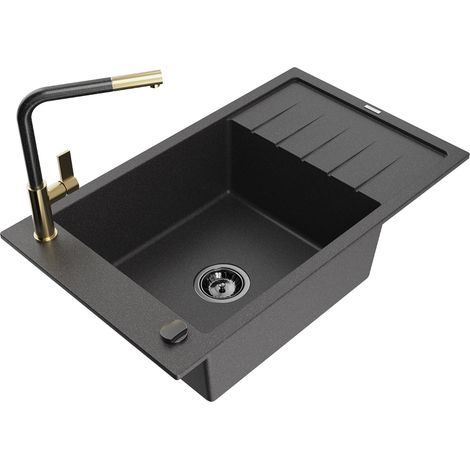Mexen Elias fregadero de granito de 1 seno con escurridor y grifo de cocina Flora, negro moteado - 6511-76-670401-75-B (1/5)