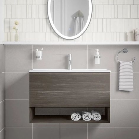 Meuble suspendu 80 cm en chêne foncé avec un tiroir un compartiment ouvert et un lavabo Sauris (1/4)